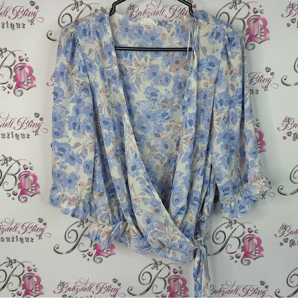 Sienna Sky blouse ruffle wrap up flowers Floral Wrap Blouse - Blue and Cream